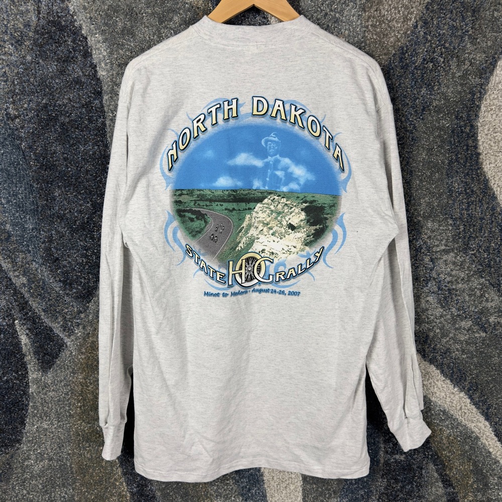Vintage Union Line HOG State Rally Henley Mens L Gray North Dakota Biker 2007